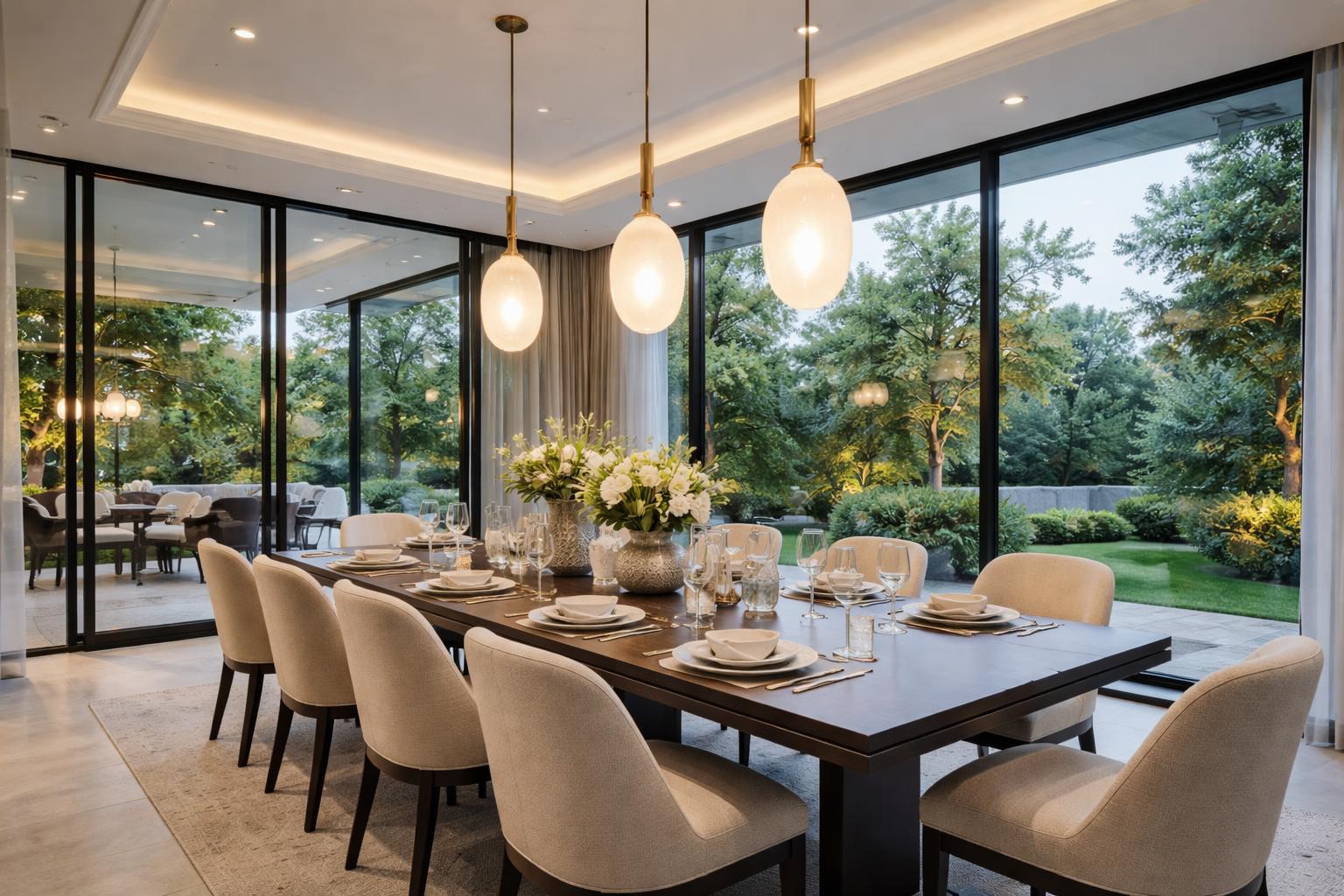 Dining room with glass walls, modern lighting, and a set dining table overlooking greenery.