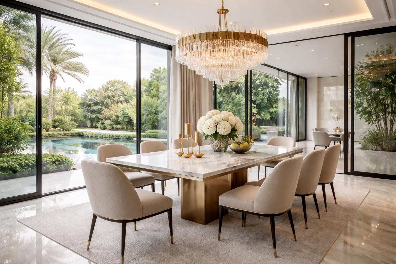 A dining room with large glass walls, a modern dining table, and chairs overlooking a garden outside.