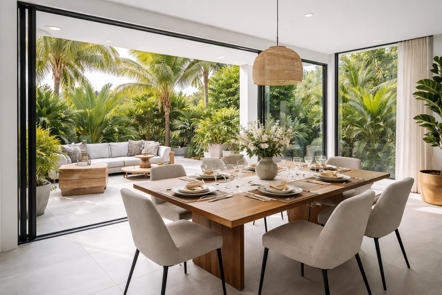 A dining room with a glass wall opening to an outdoor patio with tropical plants and seating.