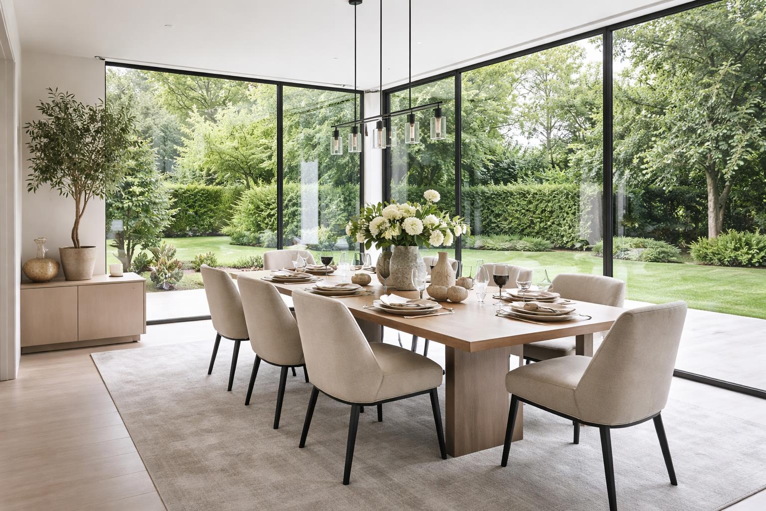 A bright dining room with a glass wall overlooking a green garden, featuring a modern dining table and chairs.