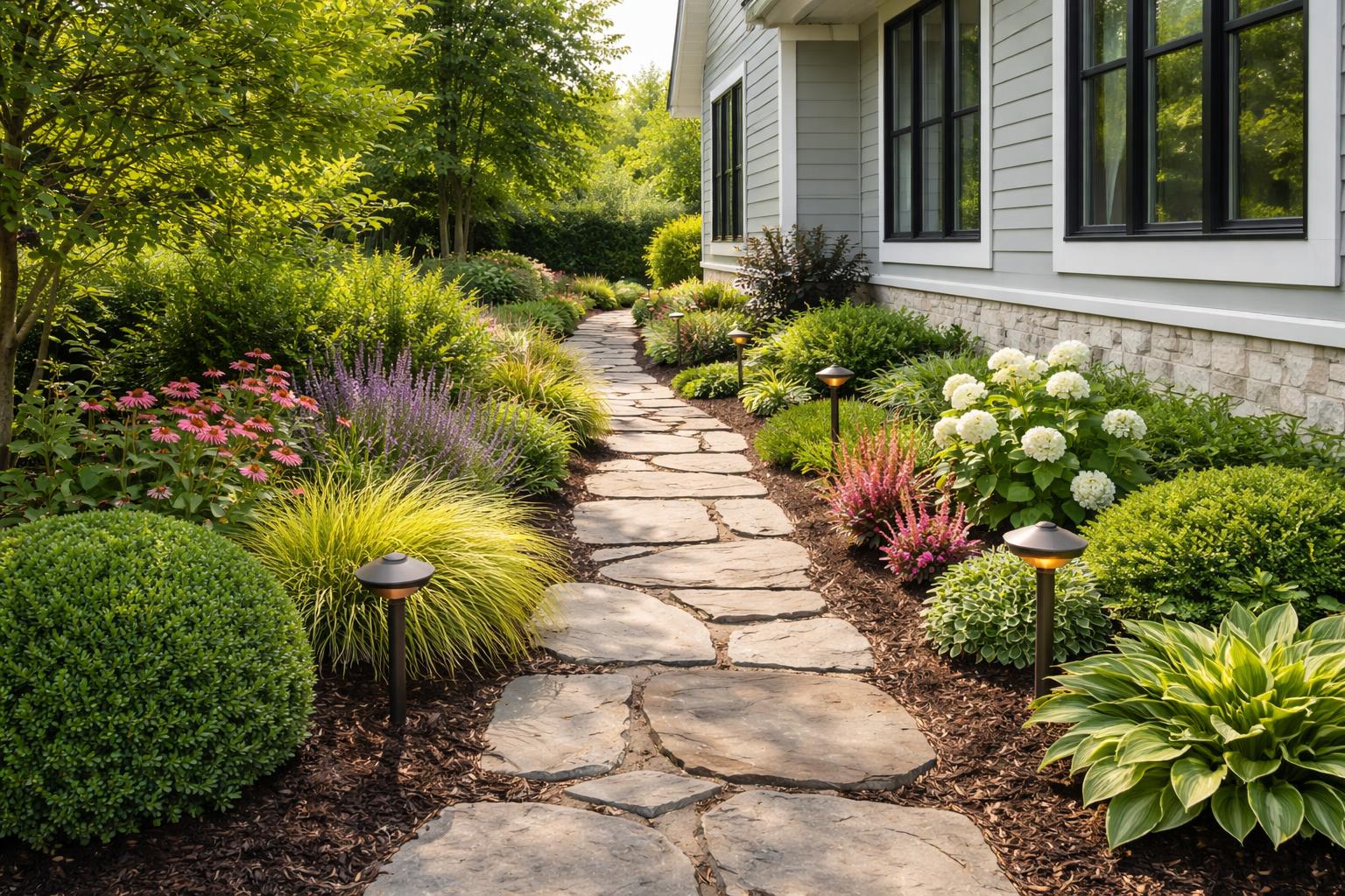 Side view of a house with a stone pathway and green shrubs and flowers along the wall.