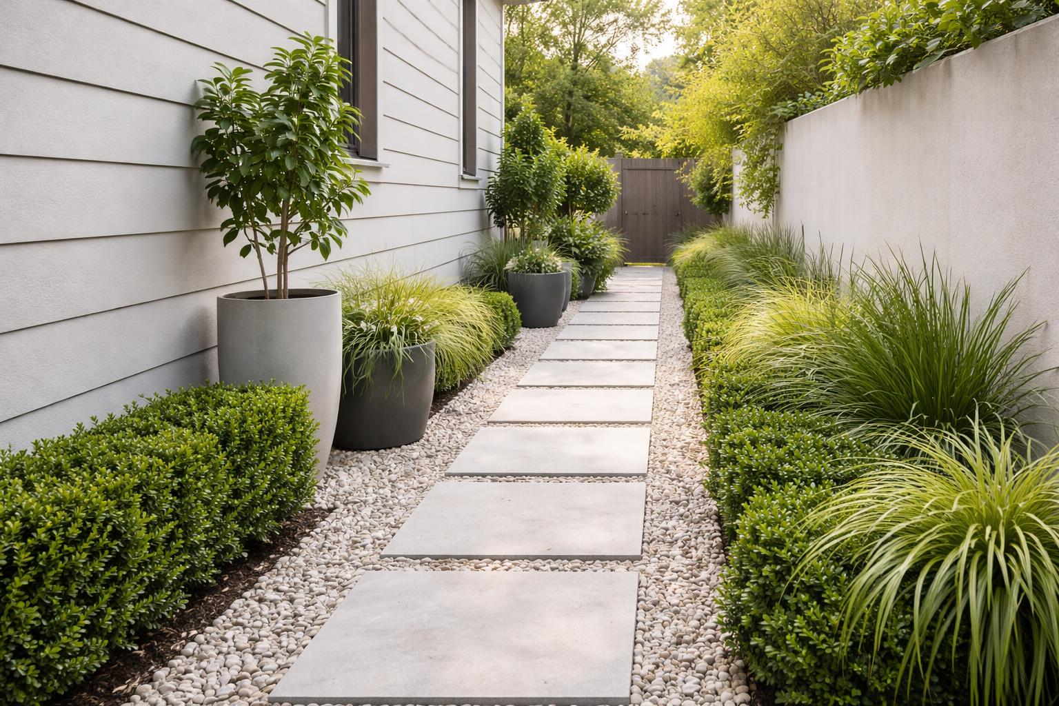 A narrow garden path beside a house with green shrubs and potted plants under natural sunlight.