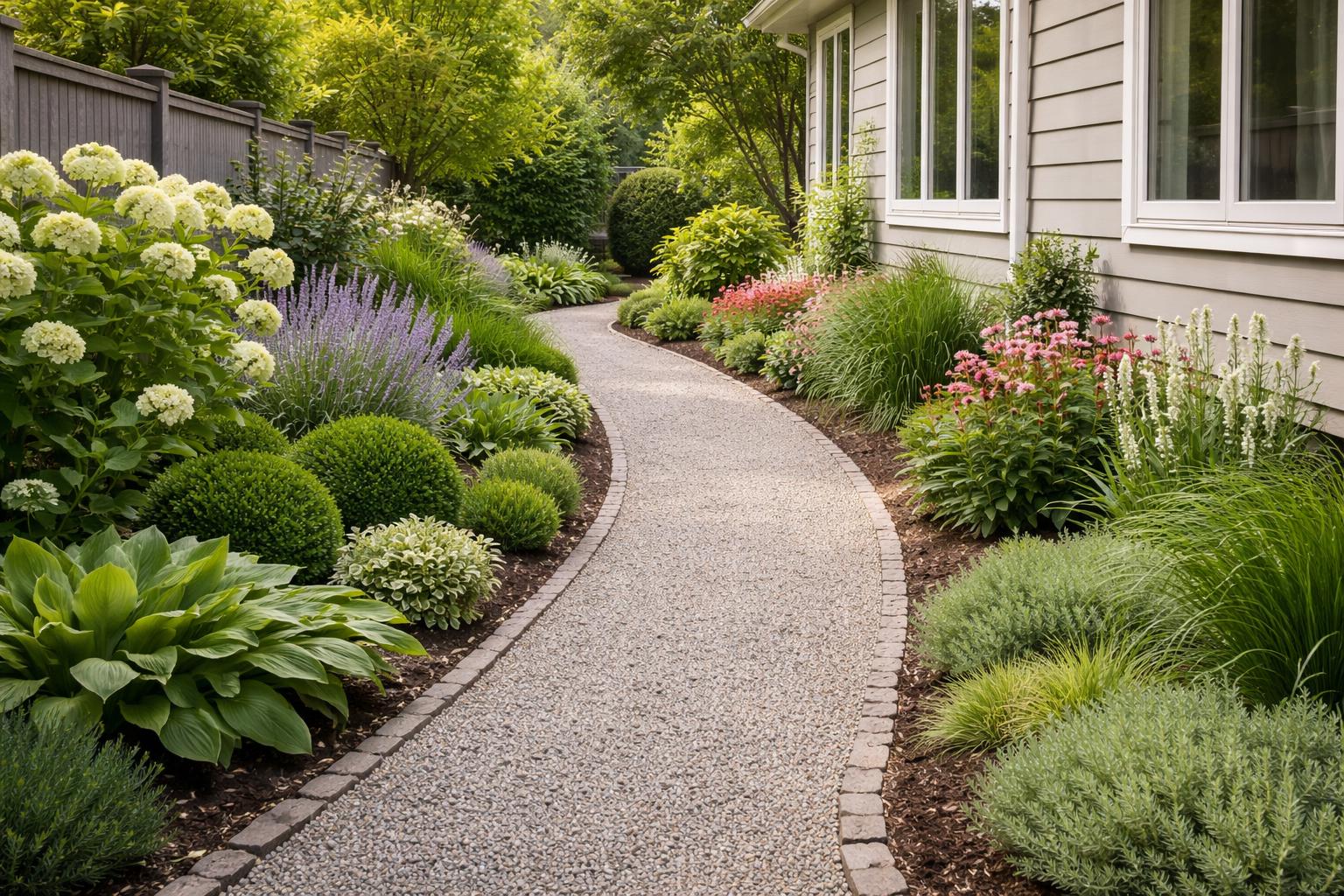 A gravel pathway bordered by plants and flowers running alongside a house.