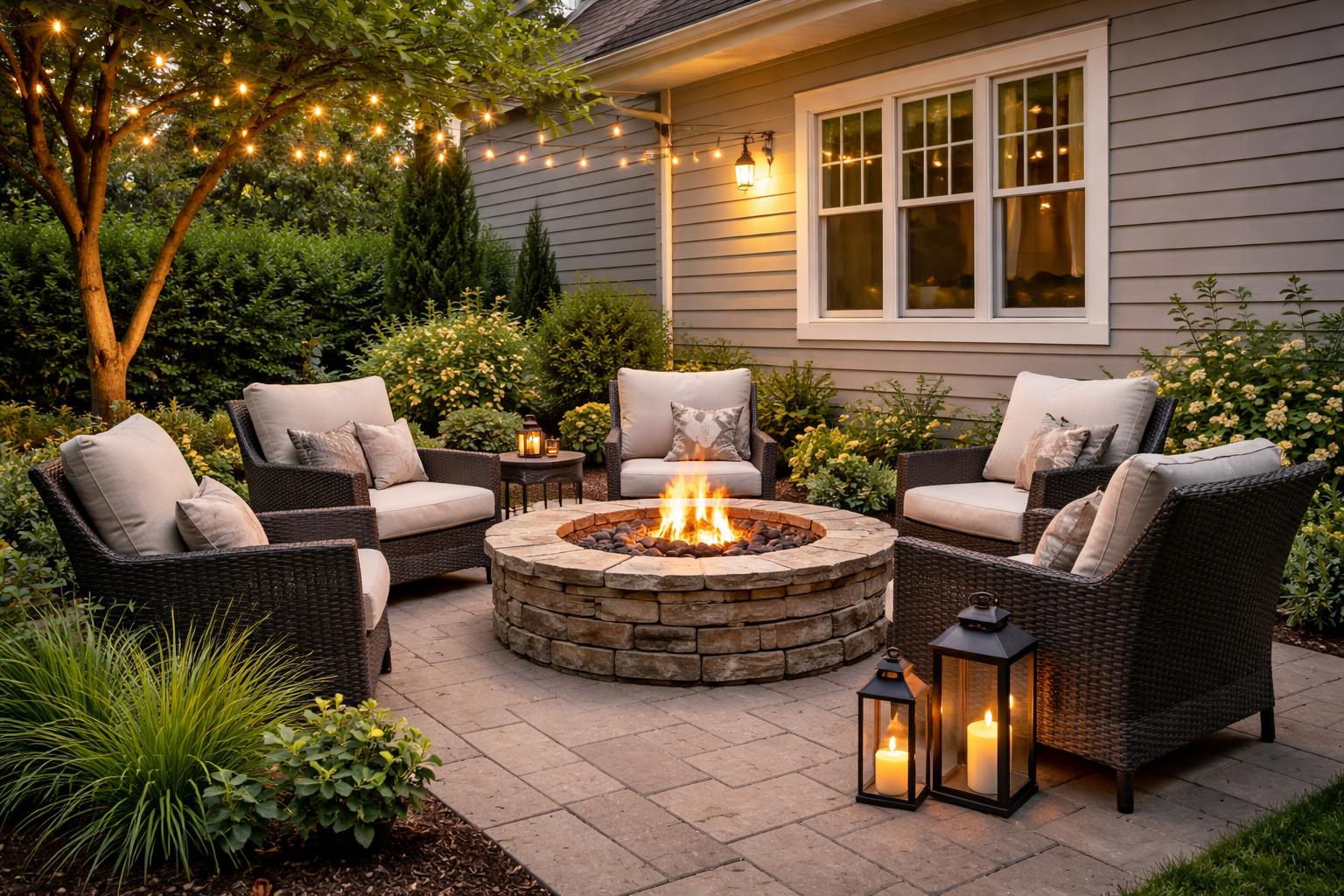 A cozy fire pit seating area with chairs on a stone patio beside the side of a house surrounded by plants.