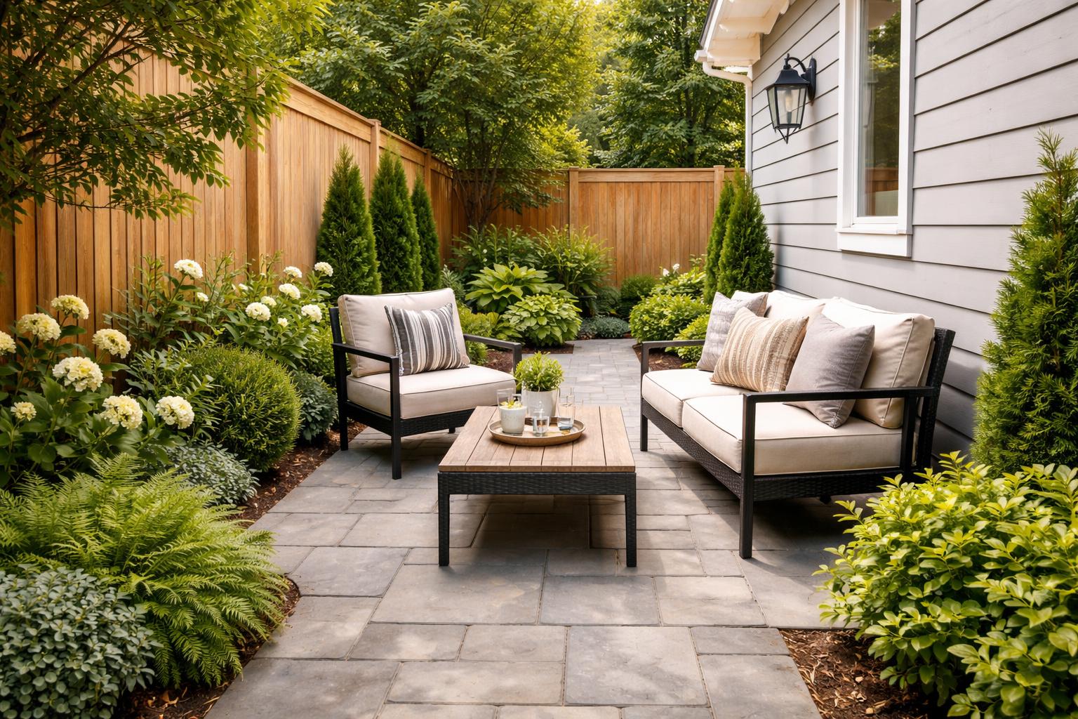 A small side patio lounge beside a house with outdoor seating, stone paving, and green plants.
