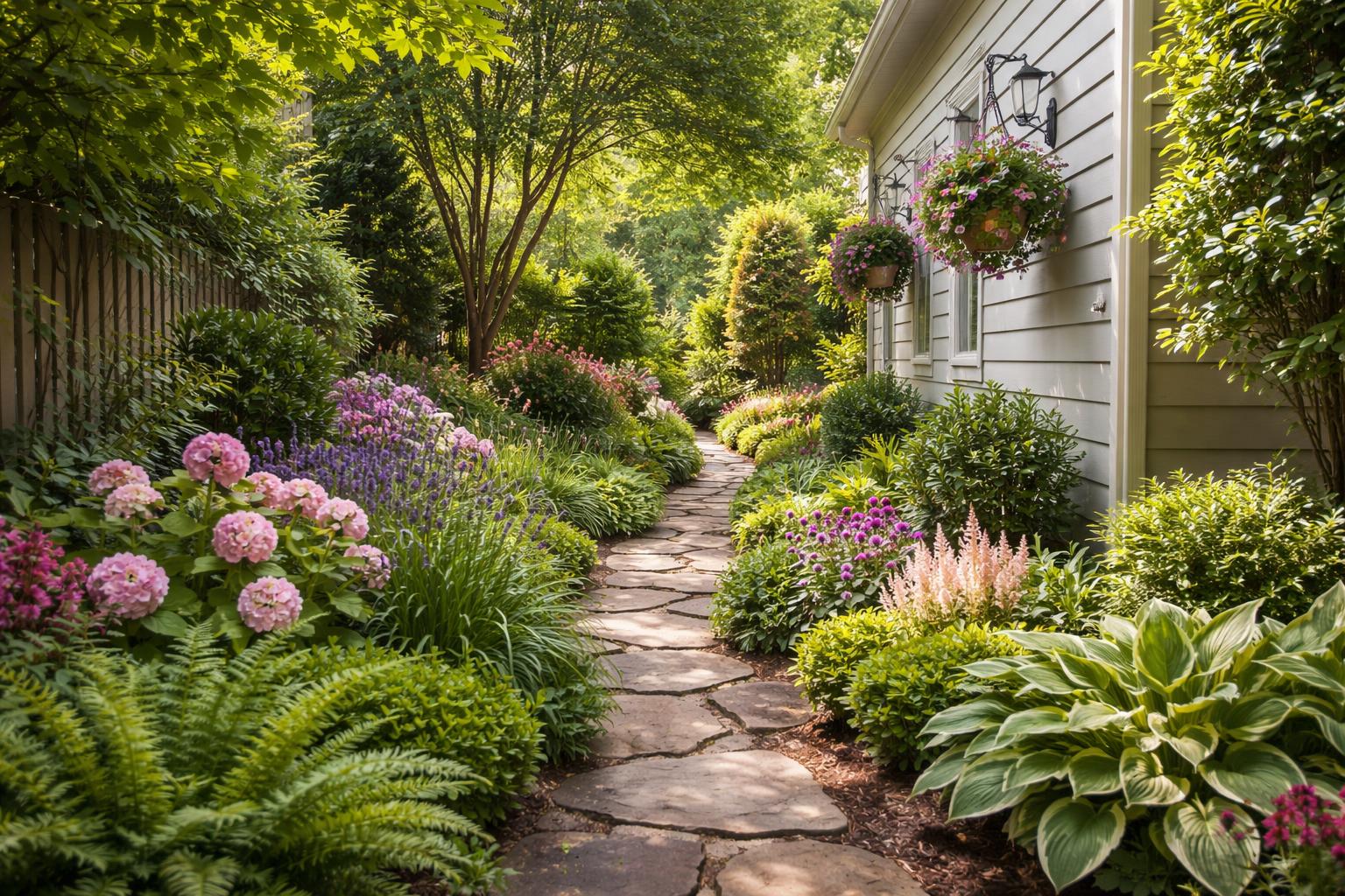 A narrow garden pathway lined with green plants and flowers alongside a house.