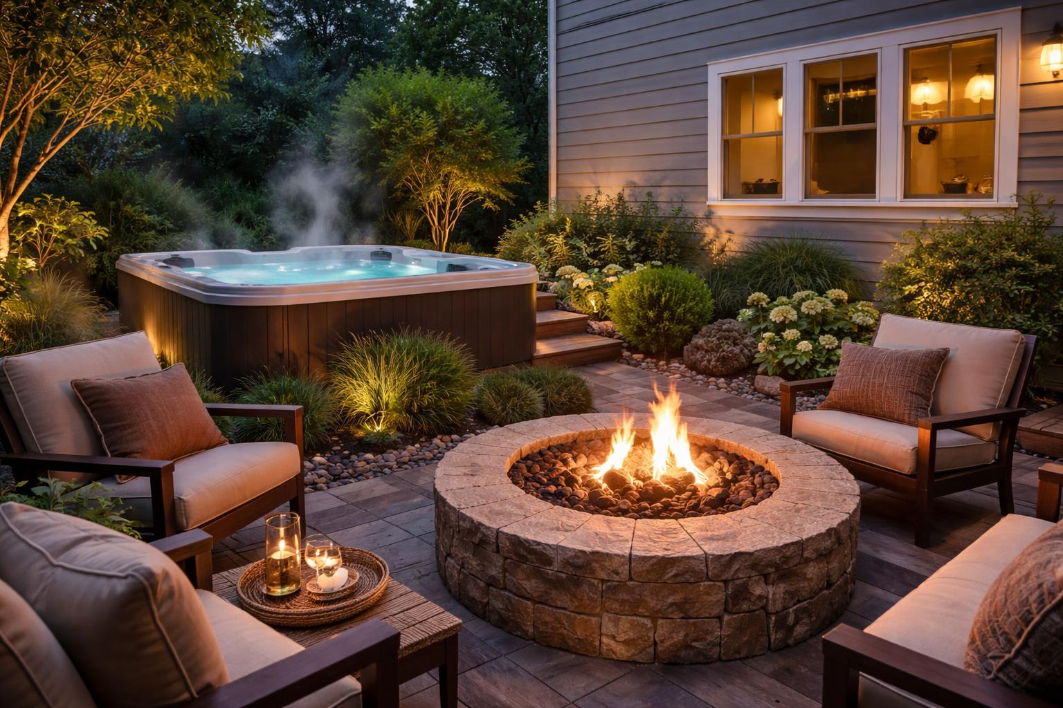 Outdoor corner beside a house with a hot tub and a fire pit surrounded by plants and seating.