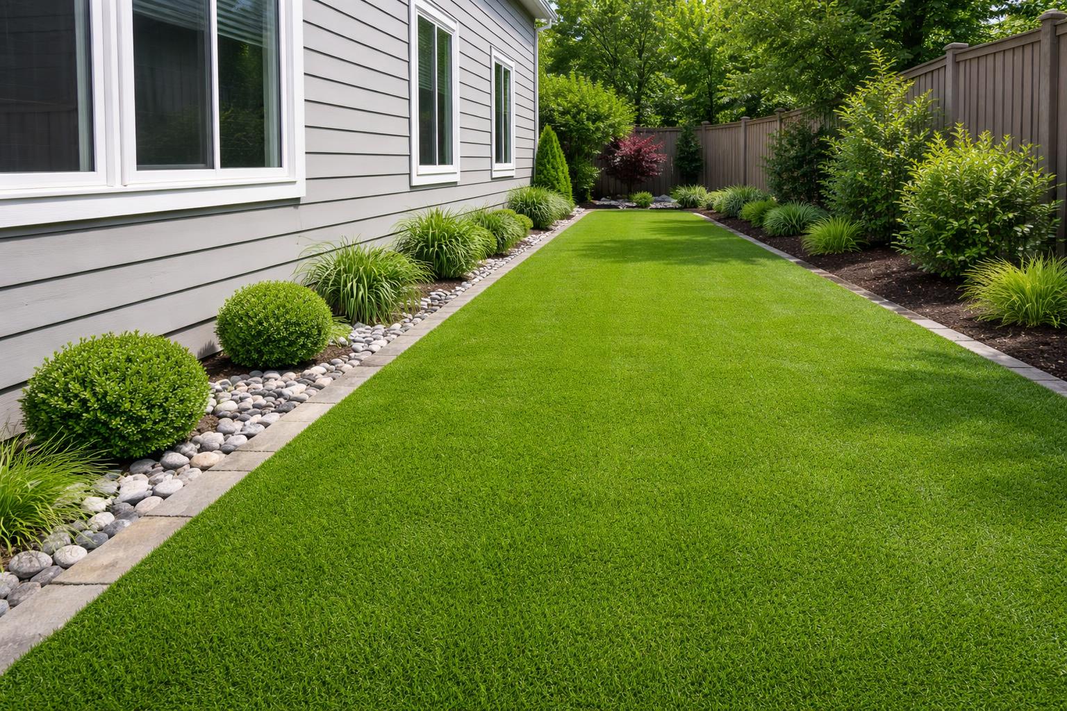 Side of a house with freshly installed artificial turf and neatly maintained landscaping.
