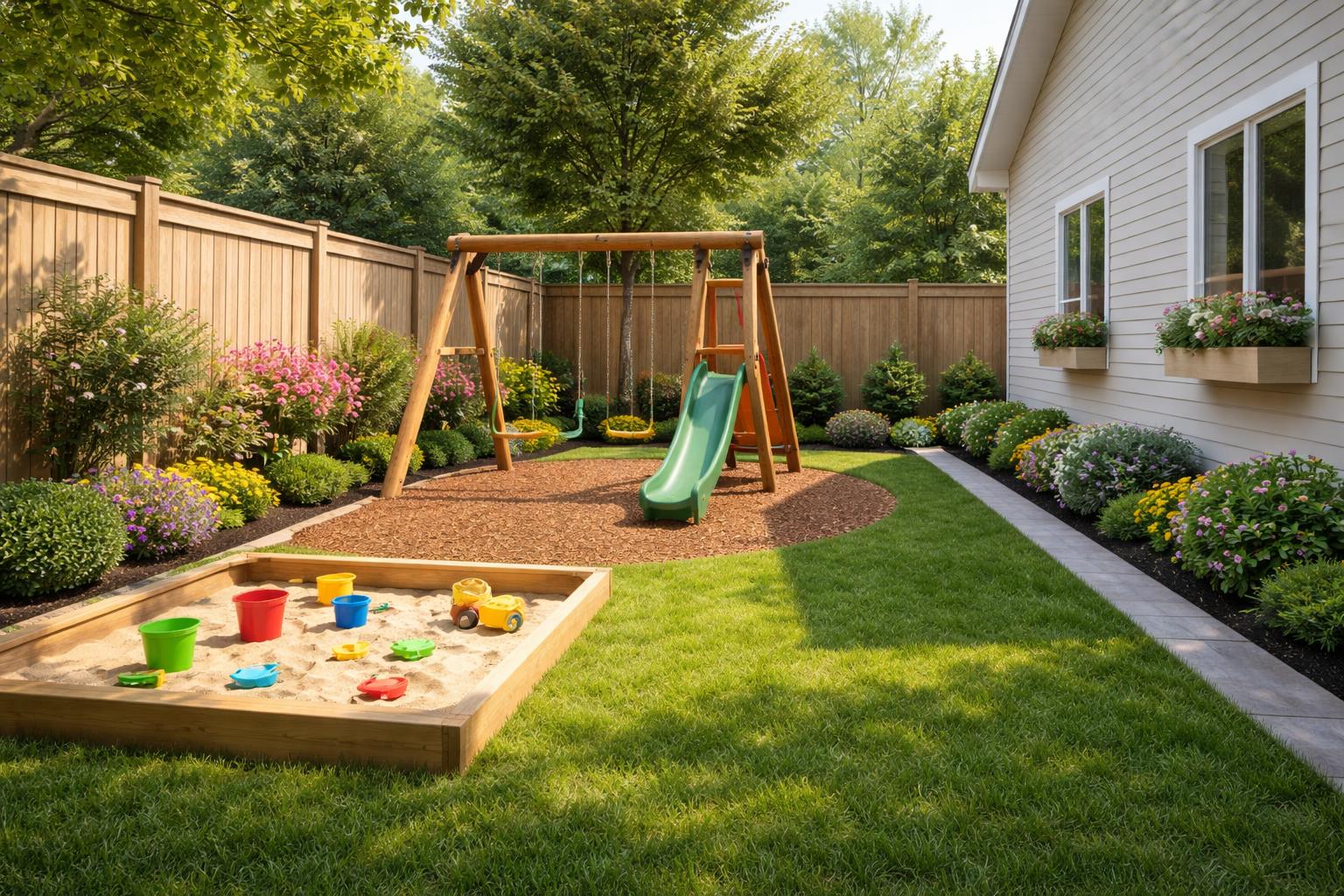 A kids play area in the side yard of a house with a swing set, slide, sandpit, grass, and flowers.