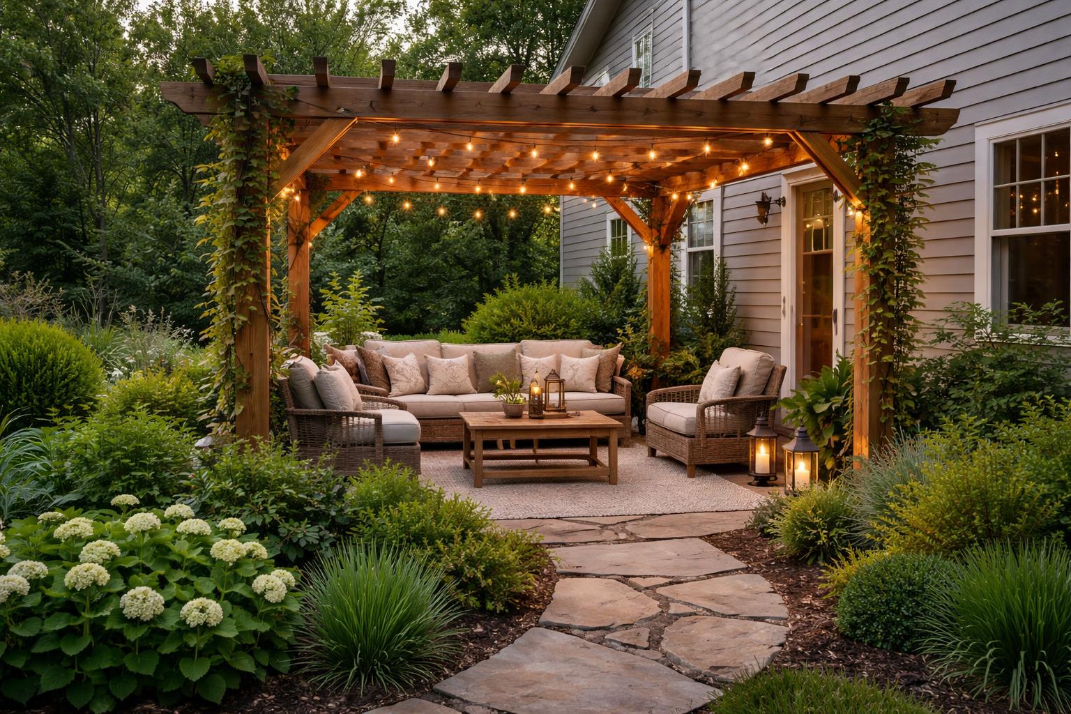 A cozy pergola lounge with outdoor seating and greenery beside the side of a house.