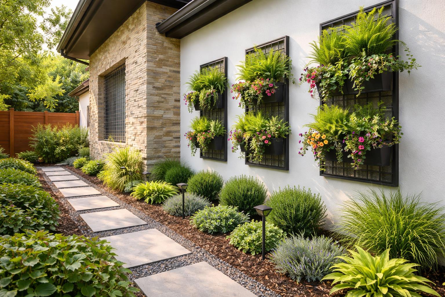 Side view of a house with vertical planters and decorative walls surrounded by plants and landscaping.