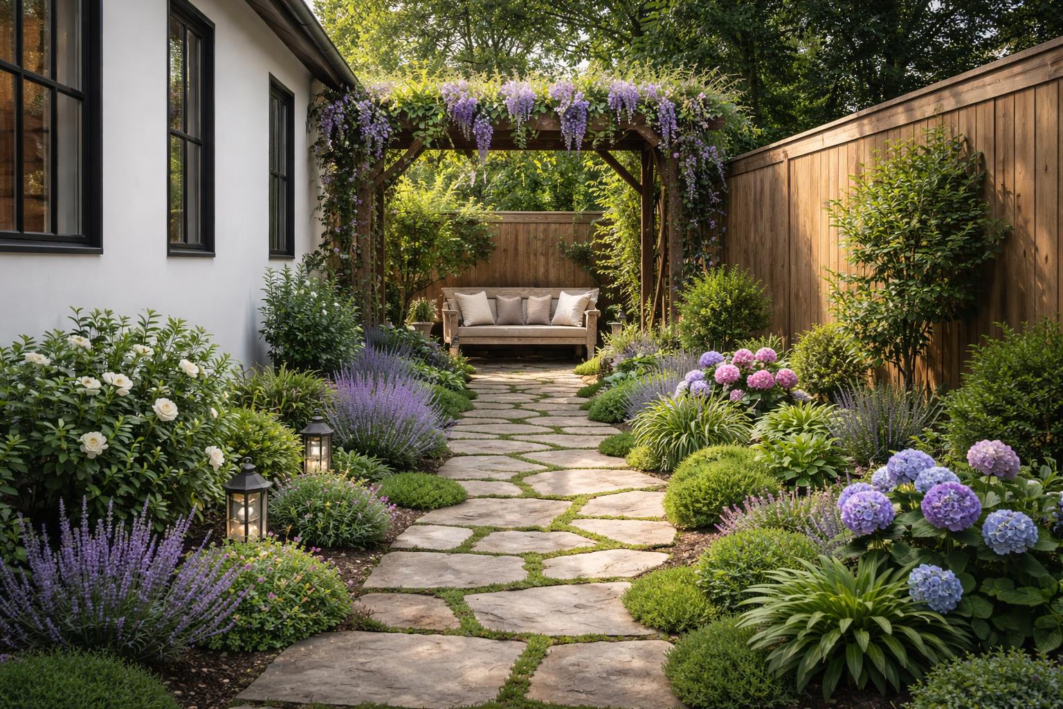 A narrow side yard transformed into a vibrant courtyard garden with stone pavers, flowering plants, a wooden bench, and climbing vines along the house.