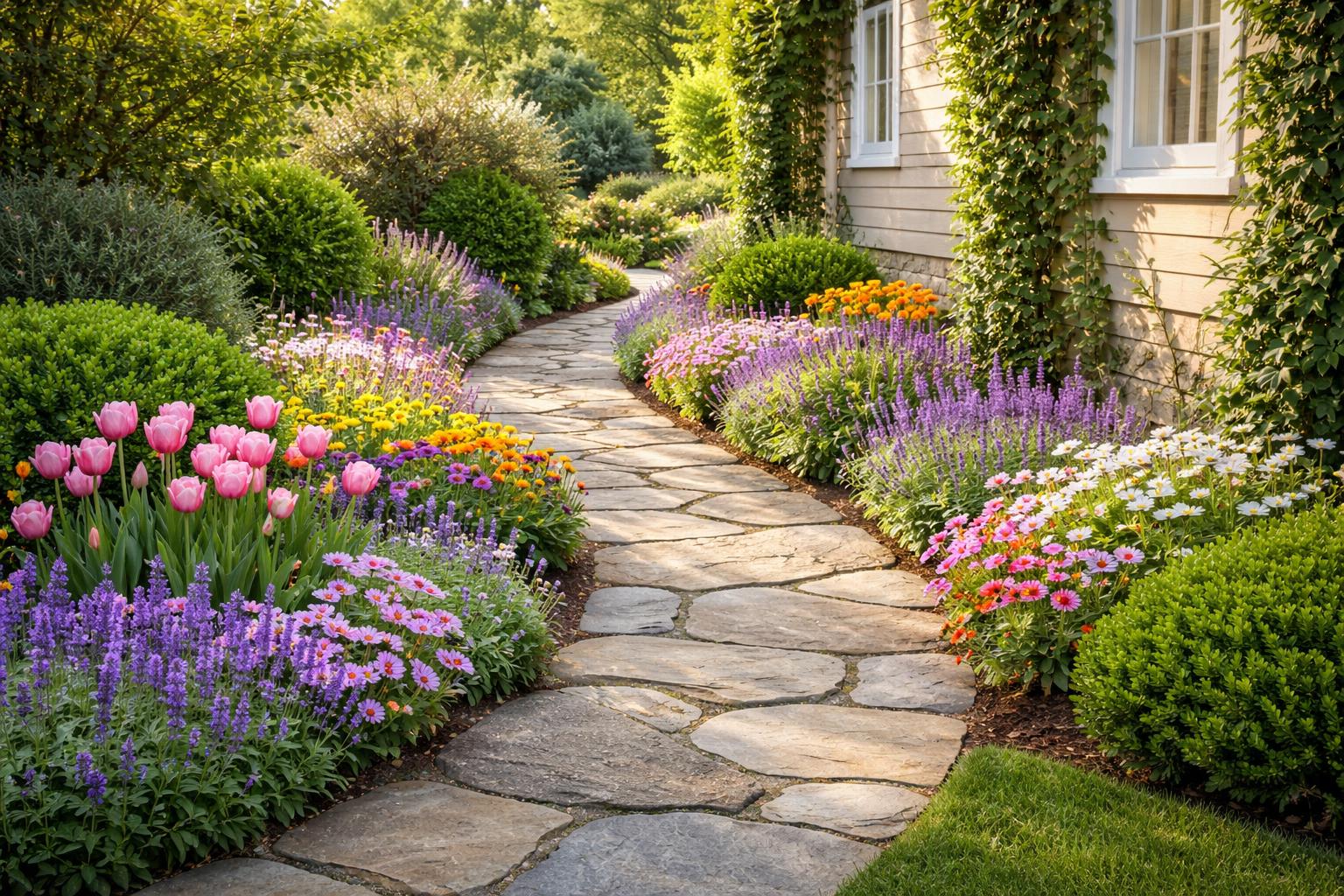 A stone garden path lined with colorful flowers and green shrubs running alongside the side of a house.