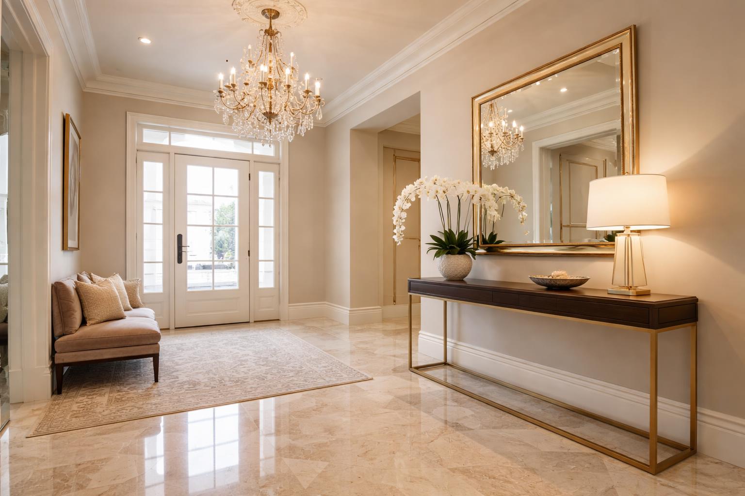 A spacious entryway with a chandelier, console table with flowers and lamp, a large mirror, and a bench with pillows.