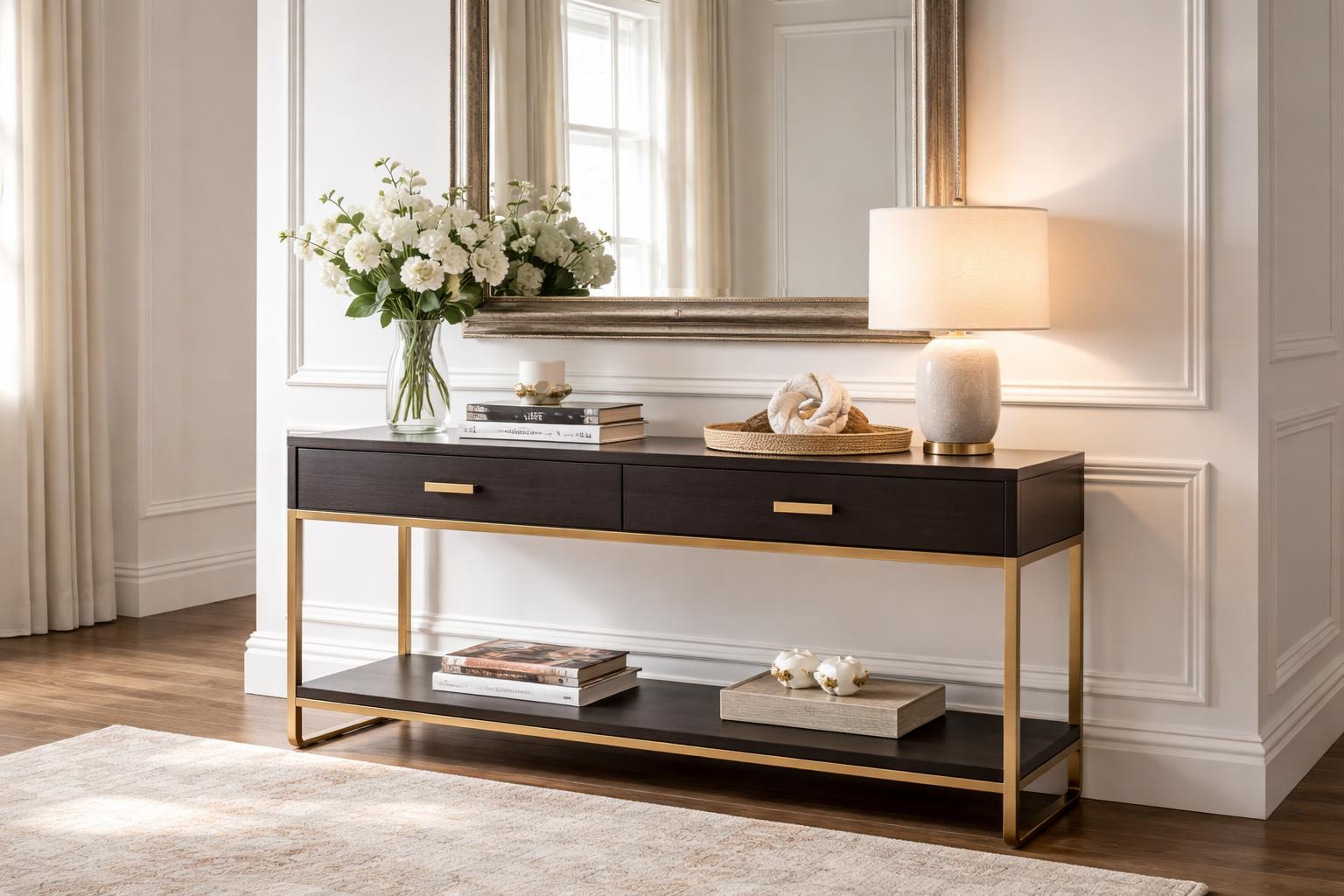 An entryway with a dark wood console table holding a vase of white flowers, books, a lamp, and decorative items, with a large mirror above it.