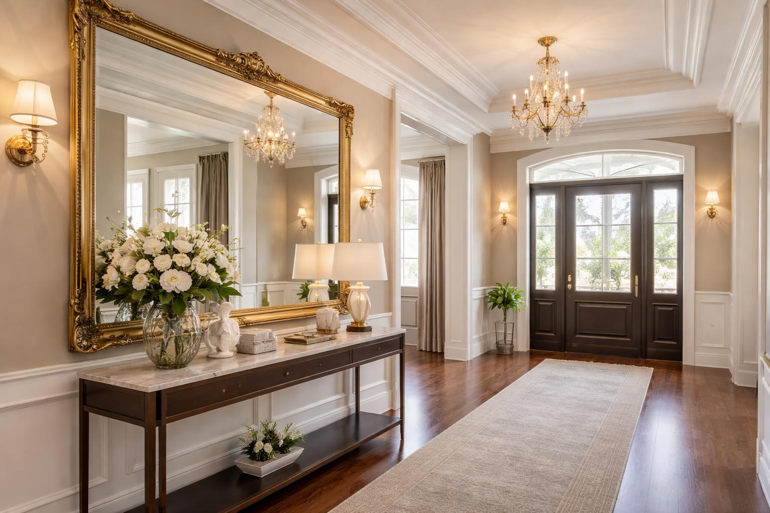 An entryway with a large wall mirror above a console table decorated with flowers and a lamp, reflecting the opposite side of the space.
