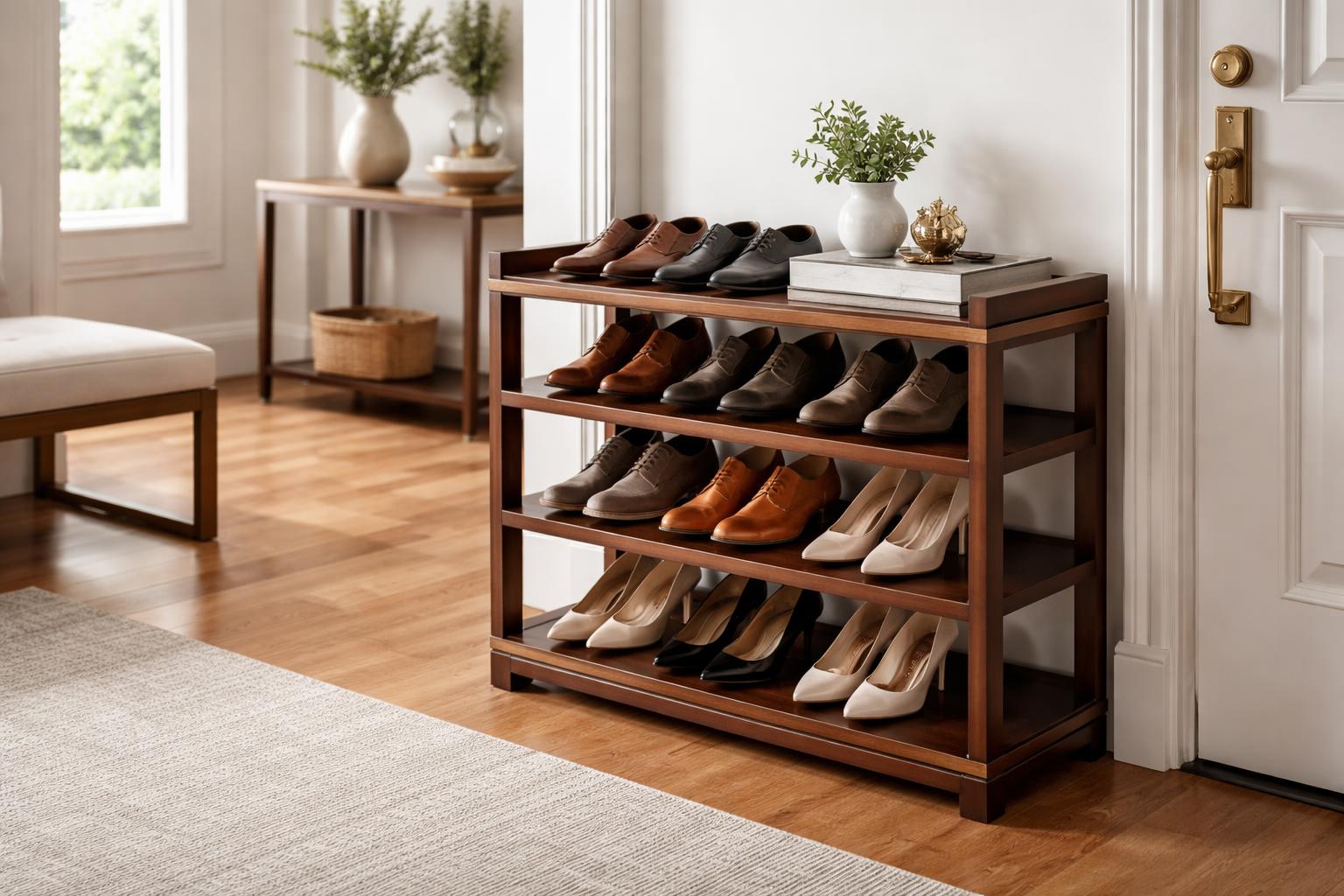 An entryway with a dark wood shoe rack neatly holding multiple pairs of shoes next to a door, with a bench and decorative plant nearby.