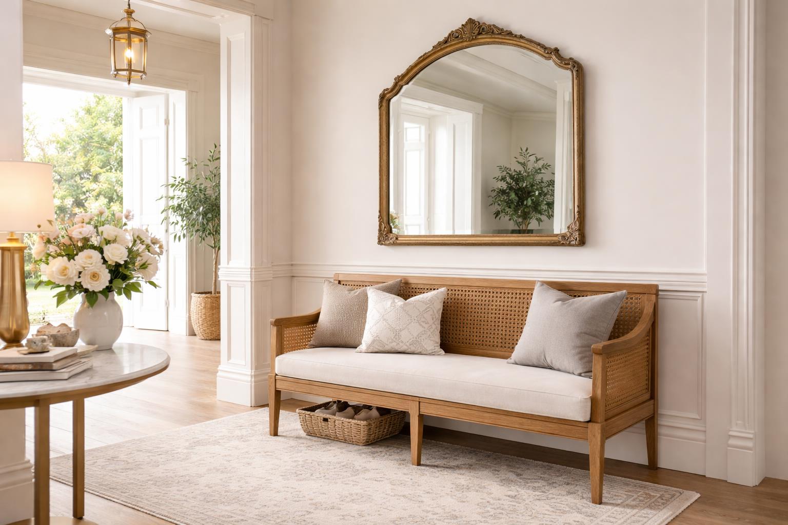 A bright entryway with a wooden bench, a large mirror above it, a vase of flowers, and a rug on the floor.