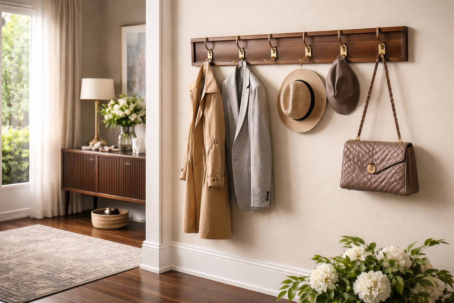 An entryway with a wooden coat rack holding coats, hats, and a handbag, next to a console table with decorative items.