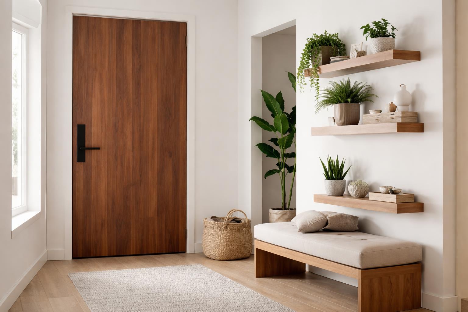 A modern entryway with a wooden door, floating shelves holding potted plants, a cushioned bench, and a woven basket on the floor.