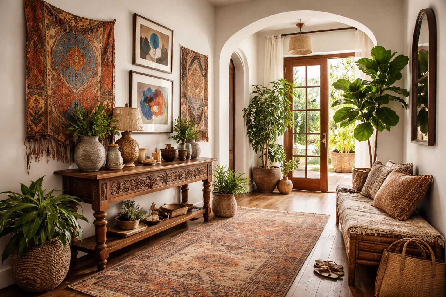 A bright hallway with a wooden console table, colorful wall art, plants, and a woven bench.