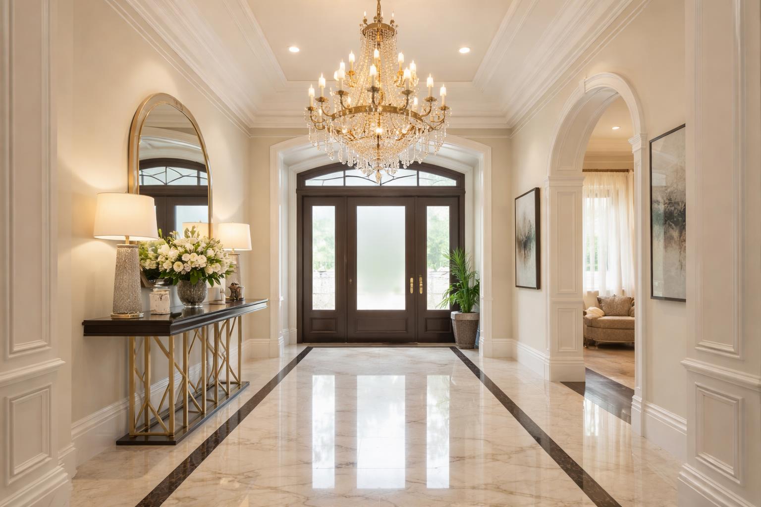 An elegant home entryway with a large chandelier, polished floors, a console table with flowers, and a grand front door letting in natural light.