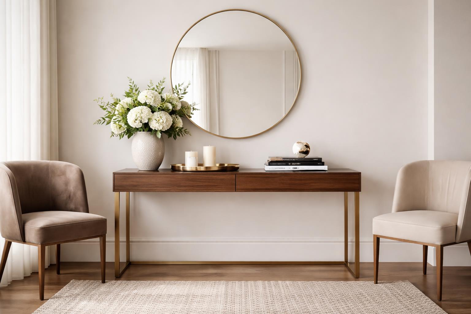 An entryway table with a vase of white flowers, decorative candles, books, and a round mirror above it, flanked by two chairs.