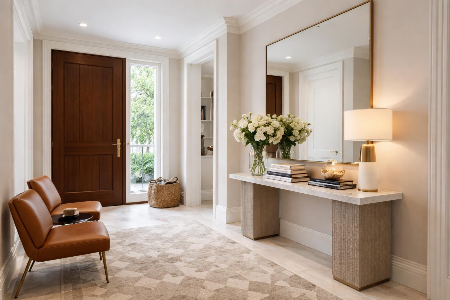An elegant apartment entryway with a wooden door, mirror, console table with flowers and lamp, and a patterned rug.