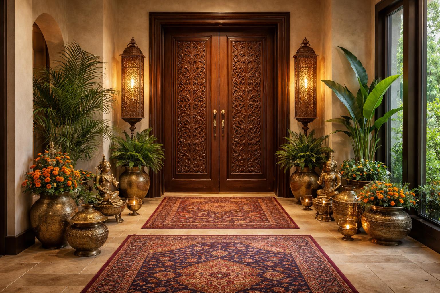A luxurious home entrance with a carved wooden door, brass lanterns, colorful rugs, potted plants, and traditional Indian decor items.