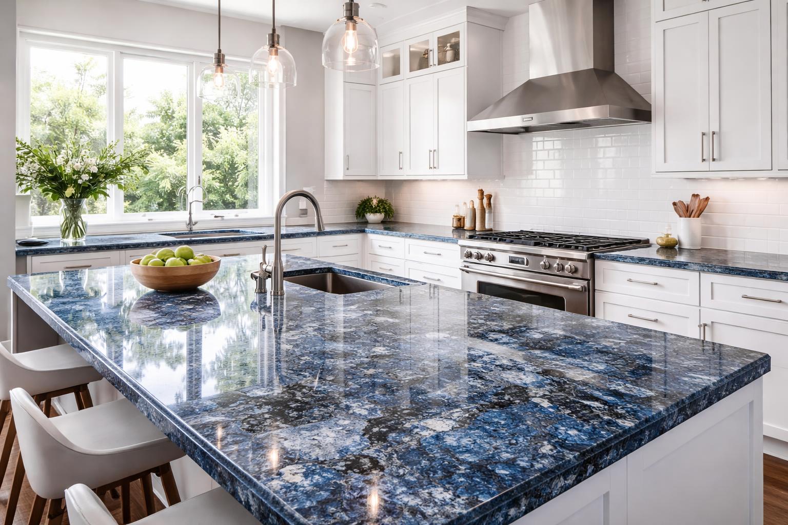 A modern kitchen with blue granite countertops, white cabinets, stainless steel appliances, and a kitchen island with natural light.
