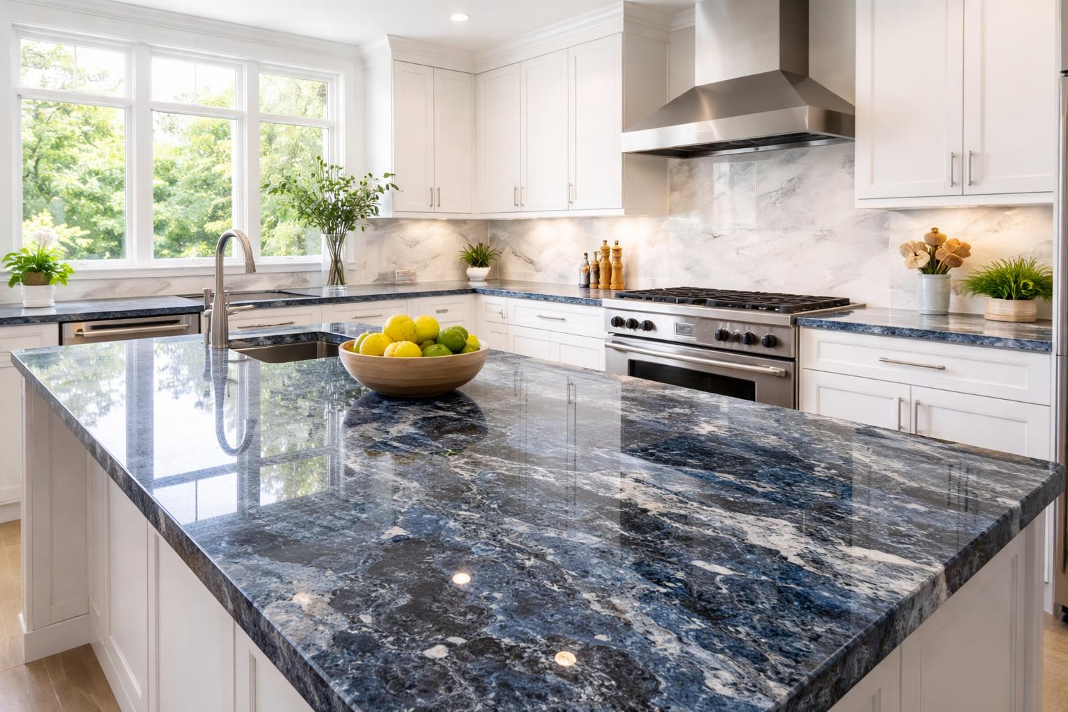 Modern kitchen with polished blue granite countertops, white cabinets, and stainless steel appliances.
