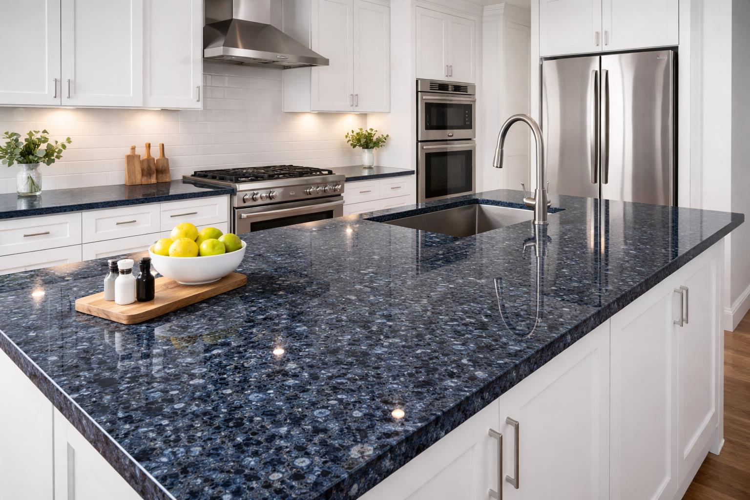 A modern kitchen with deep blue granite countertops, white cabinets, stainless steel appliances, and natural light.