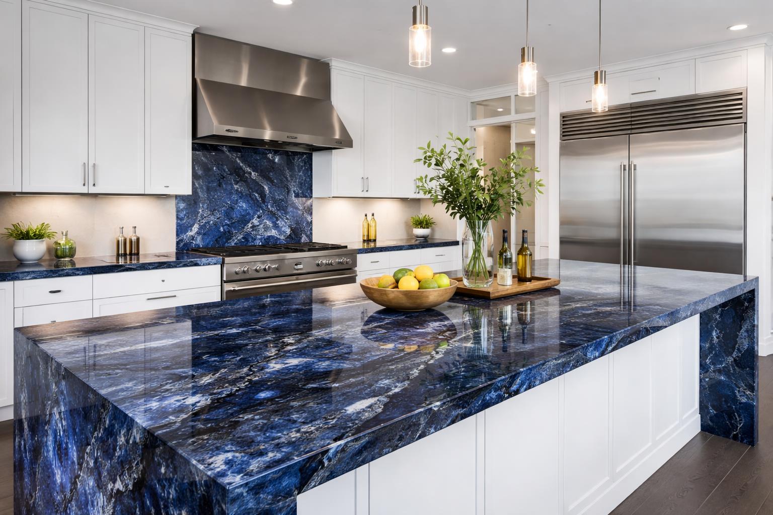 A modern kitchen with bold sapphire blue granite countertops and white cabinets.