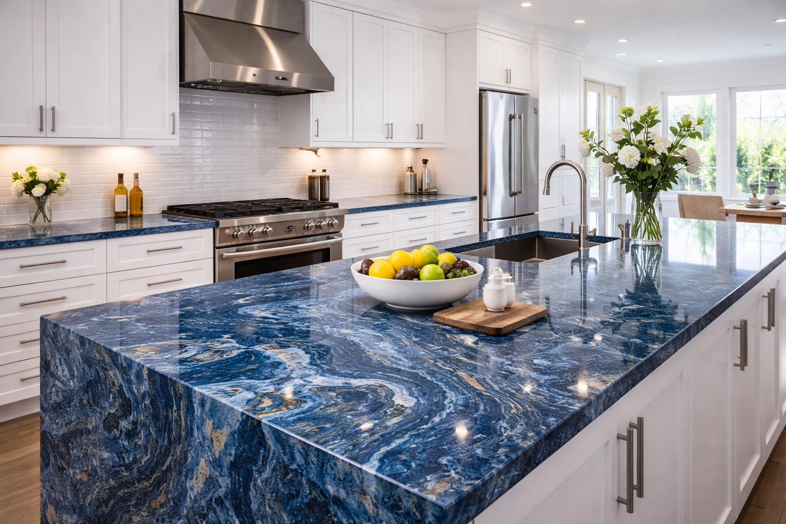 A modern kitchen with blue granite countertops and white cabinets illuminated by natural light.