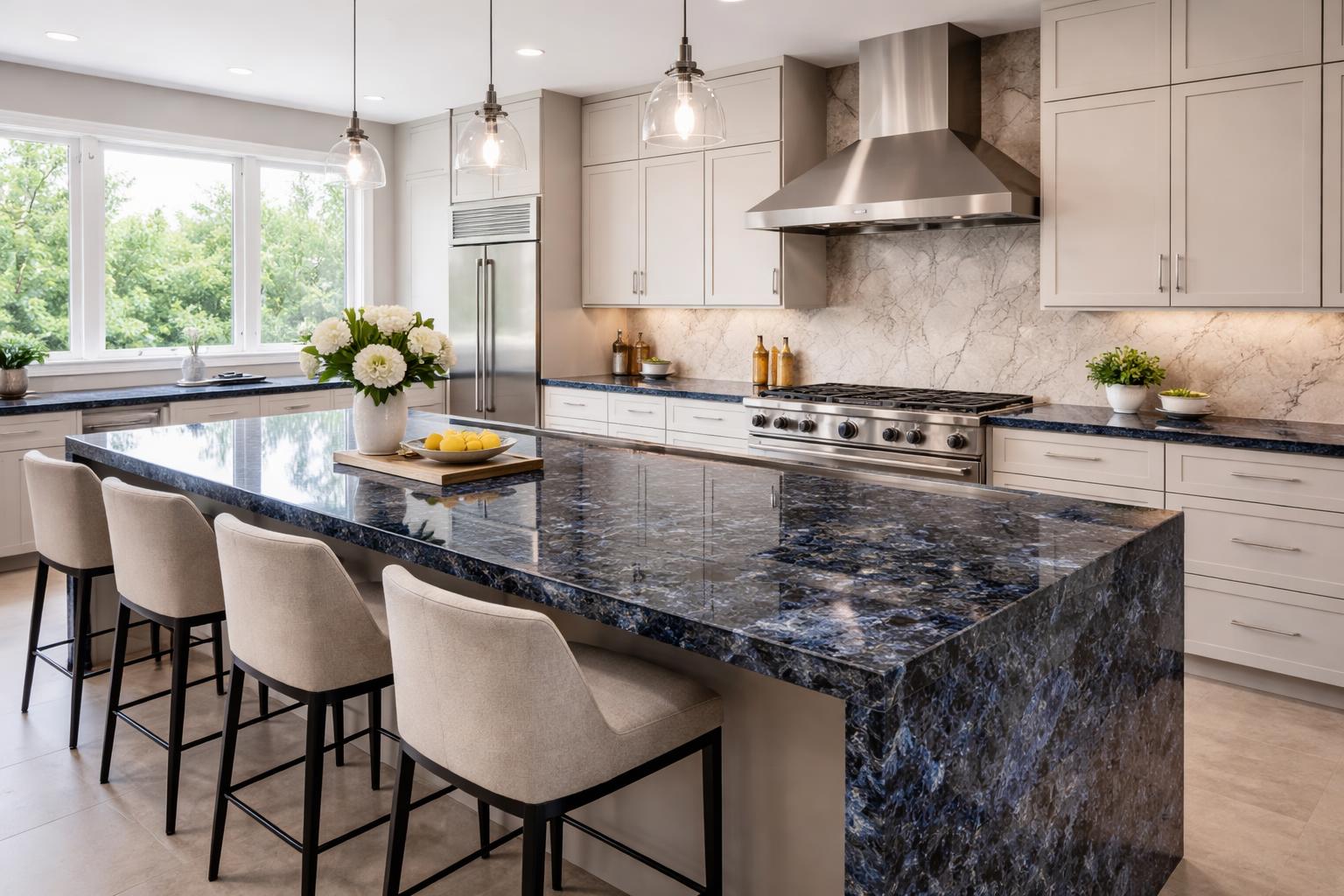 A modern kitchen with deep blue granite countertops, stainless steel appliances, and a kitchen island with bar stools.