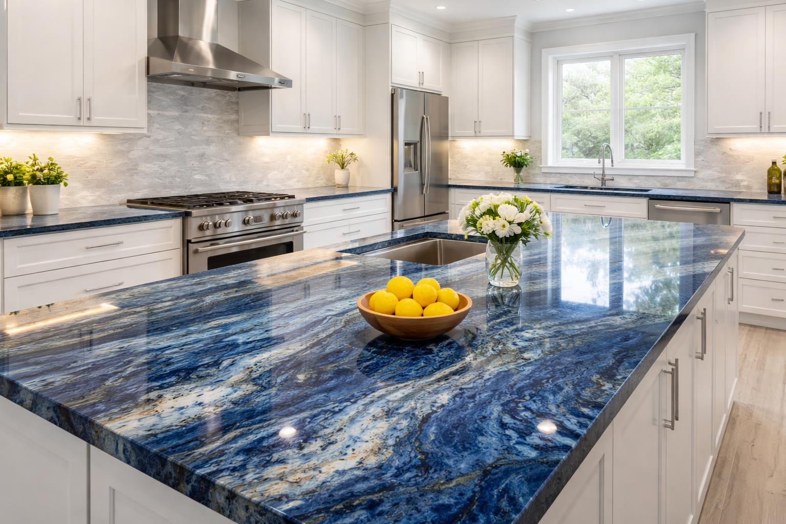 Modern kitchen with blue granite countertops, white cabinets, and stainless steel appliances.