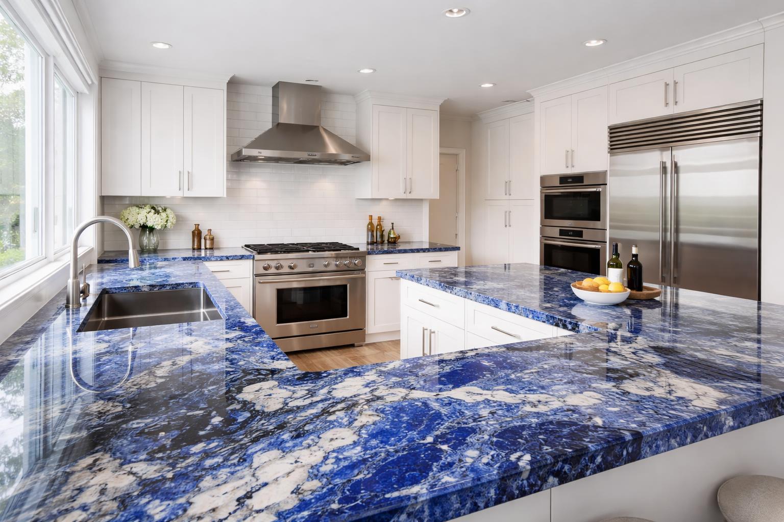 A modern kitchen with blue granite countertops, white cabinets, and stainless steel appliances.