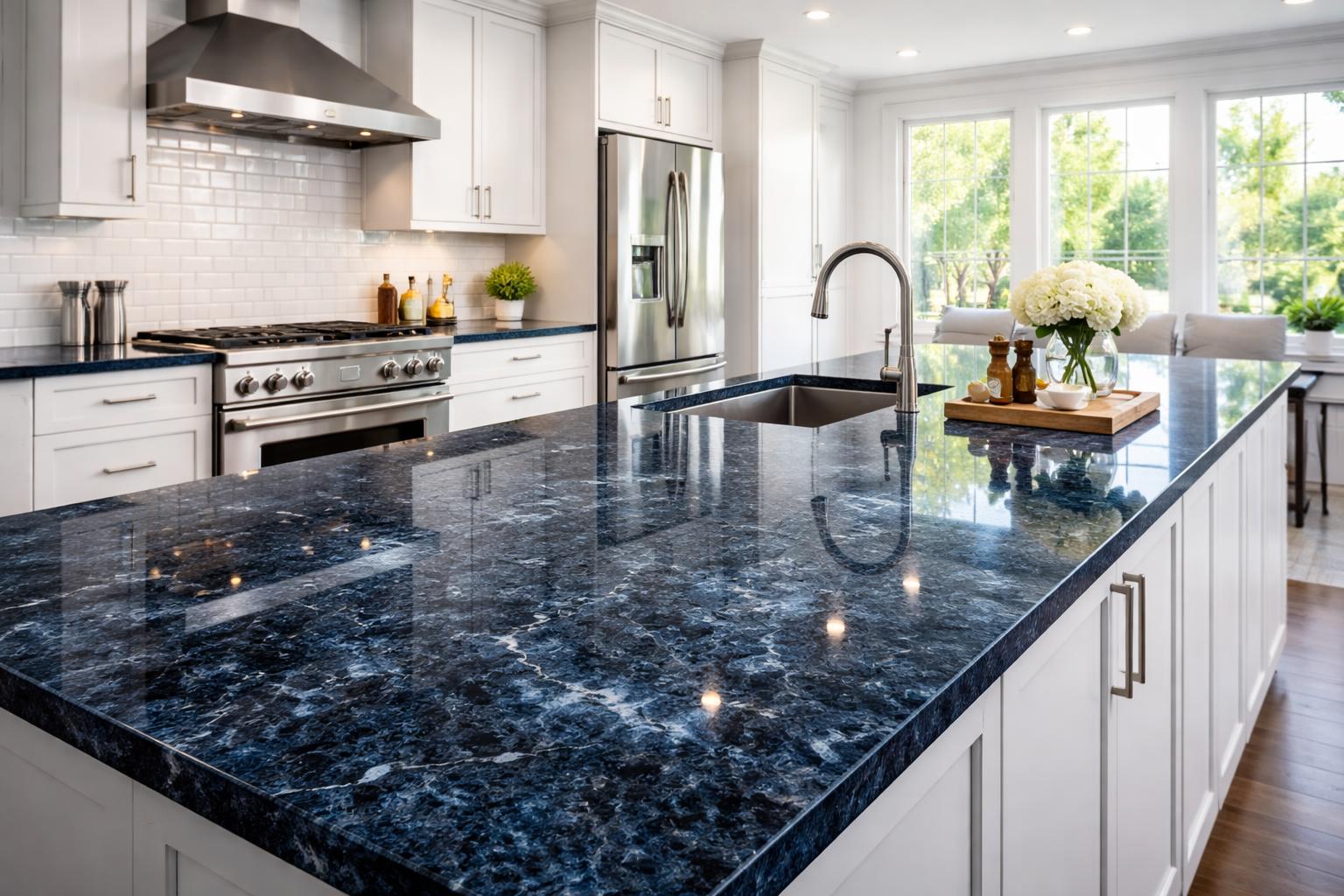 A modern kitchen with dark blue granite countertops, sleek cabinets, and stainless steel appliances.