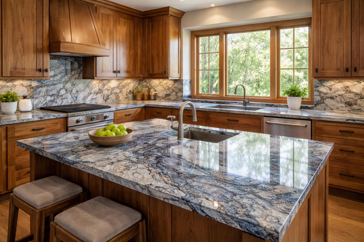 A kitchen with blue granite countertops, wooden cabinets, and natural light coming through windows.