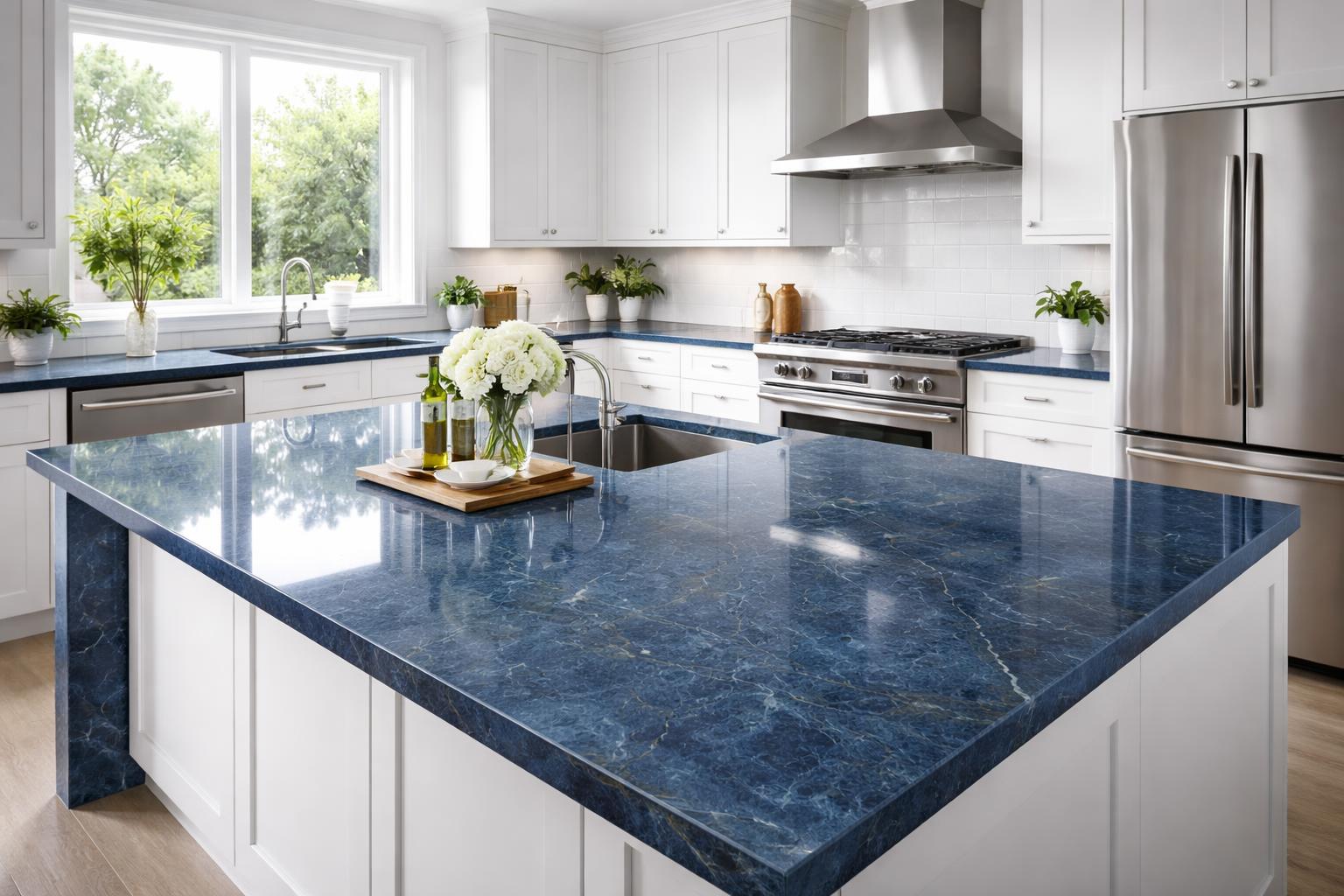 A modern kitchen with blue quartz countertops, white cabinets, and stainless steel appliances.