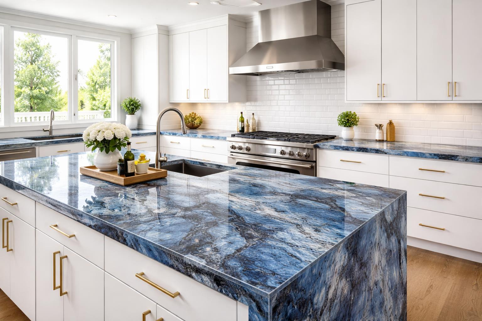 A modern kitchen with blue lava quartzite countertops, white cabinets, and stainless steel appliances.