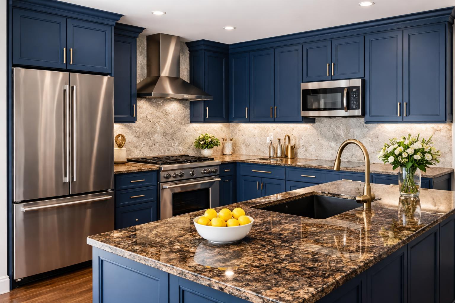 A modern kitchen with blue cabinets and brown granite countertops, featuring stainless steel appliances and simple decor.