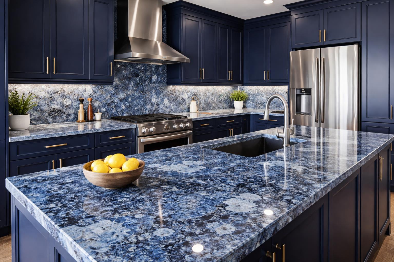 A modern kitchen with navy blue cabinets and blue granite countertops, featuring stainless steel appliances and a kitchen island.
