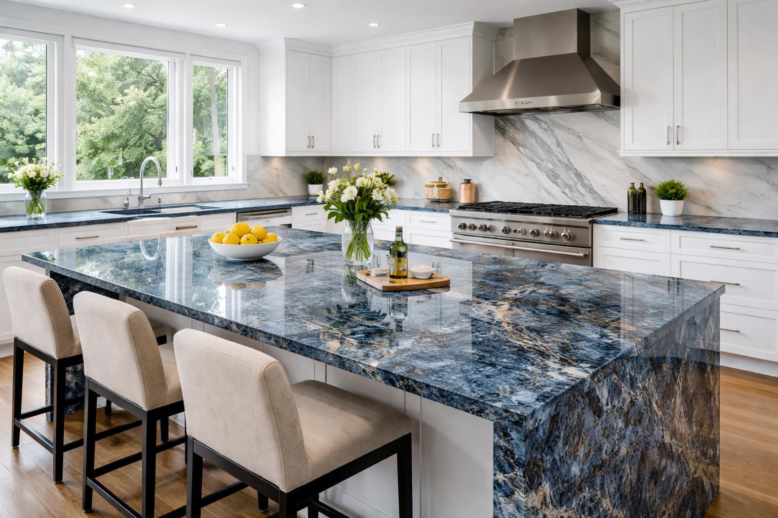A modern kitchen with blue granite countertops, white cabinets, stainless steel appliances, and a large island with bar stools.