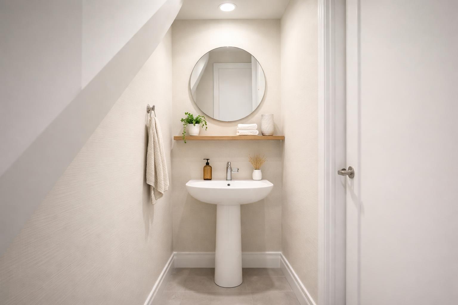 Compact powder room under stairs with a pedestal sink, round mirror, wooden shelf with towels and plant, and tiled floor.