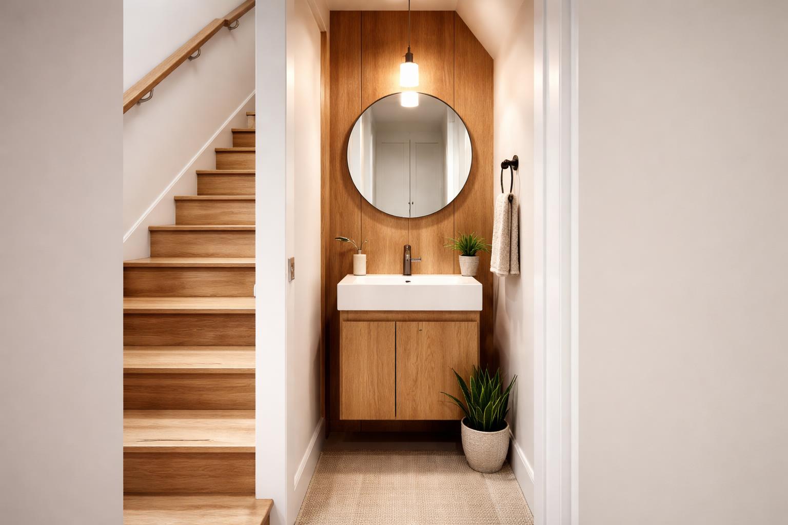 Small powder room under stairs with a white sink, wooden vanity, round mirror, and a potted plant.