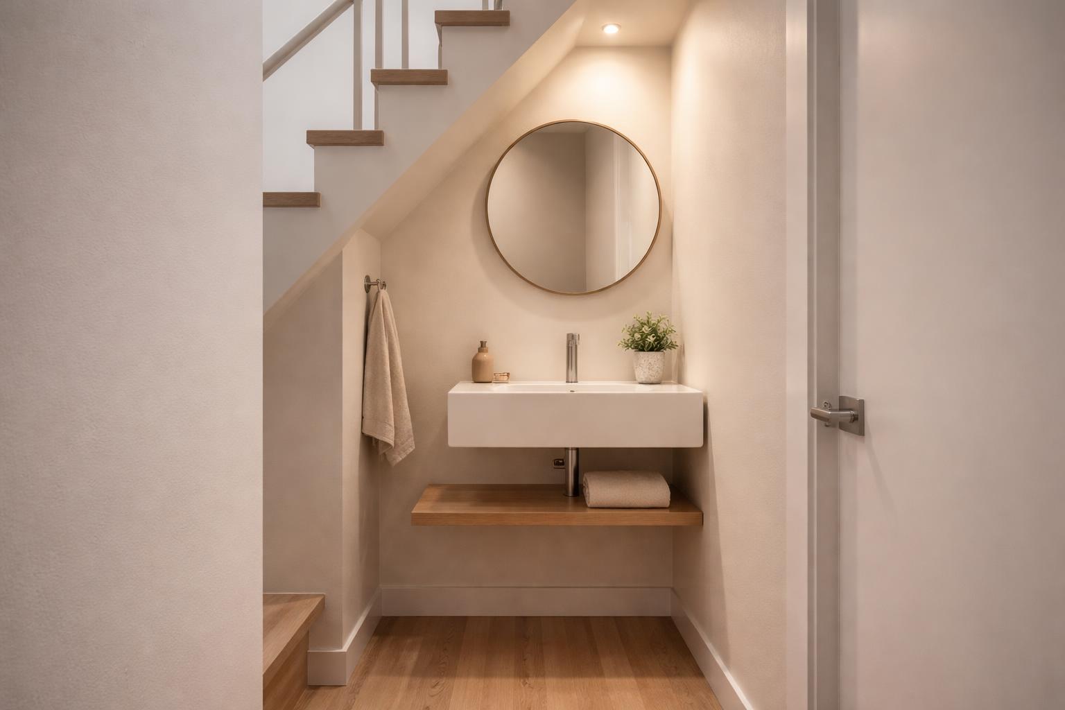 A small powder room under a staircase with a wall-mounted sink, round mirror, wooden shelf with a plant, and light wood flooring.