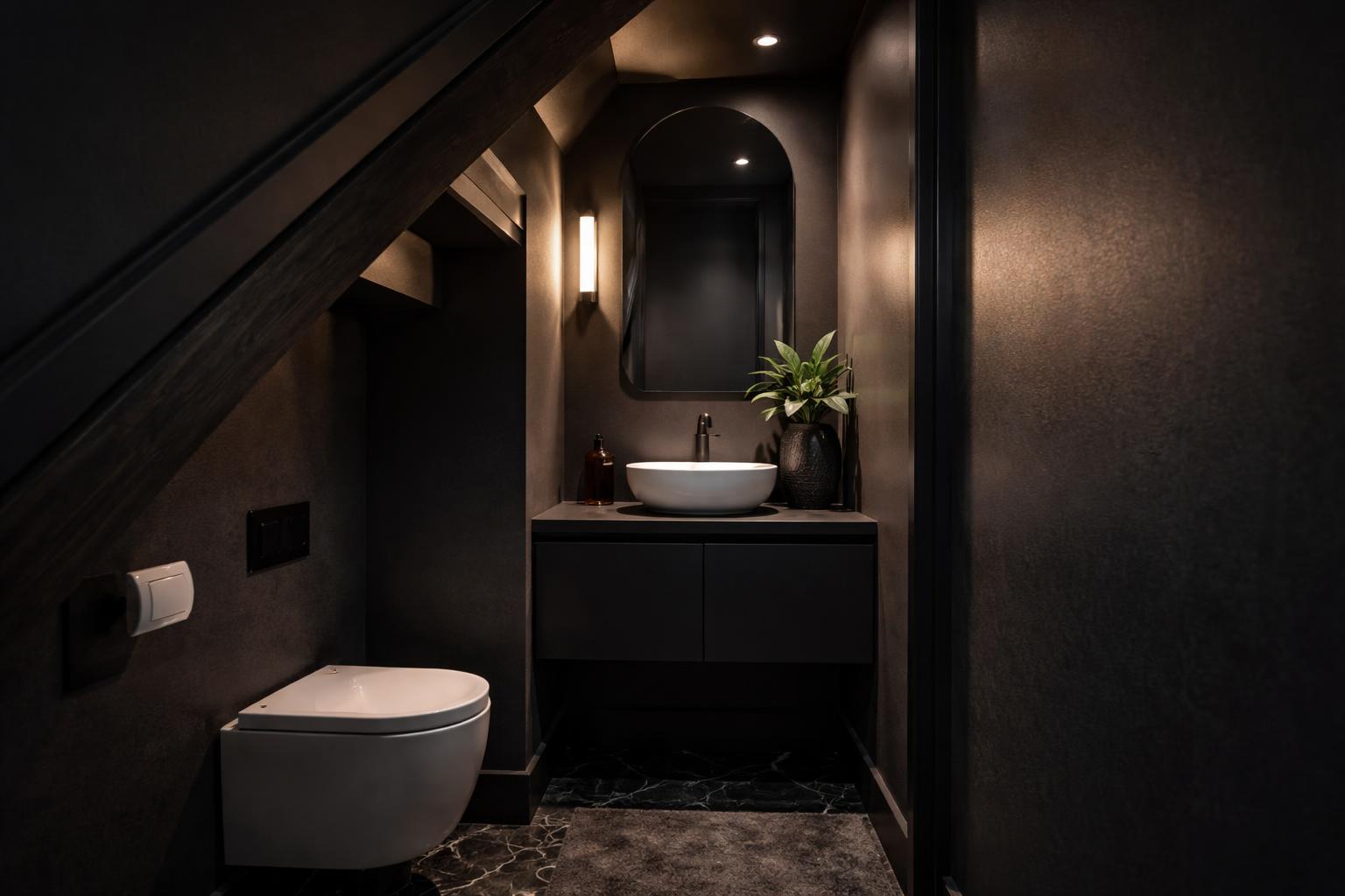 A small powder room under a staircase with dark walls, a black vanity with a white sink, a mirror, and subtle lighting.