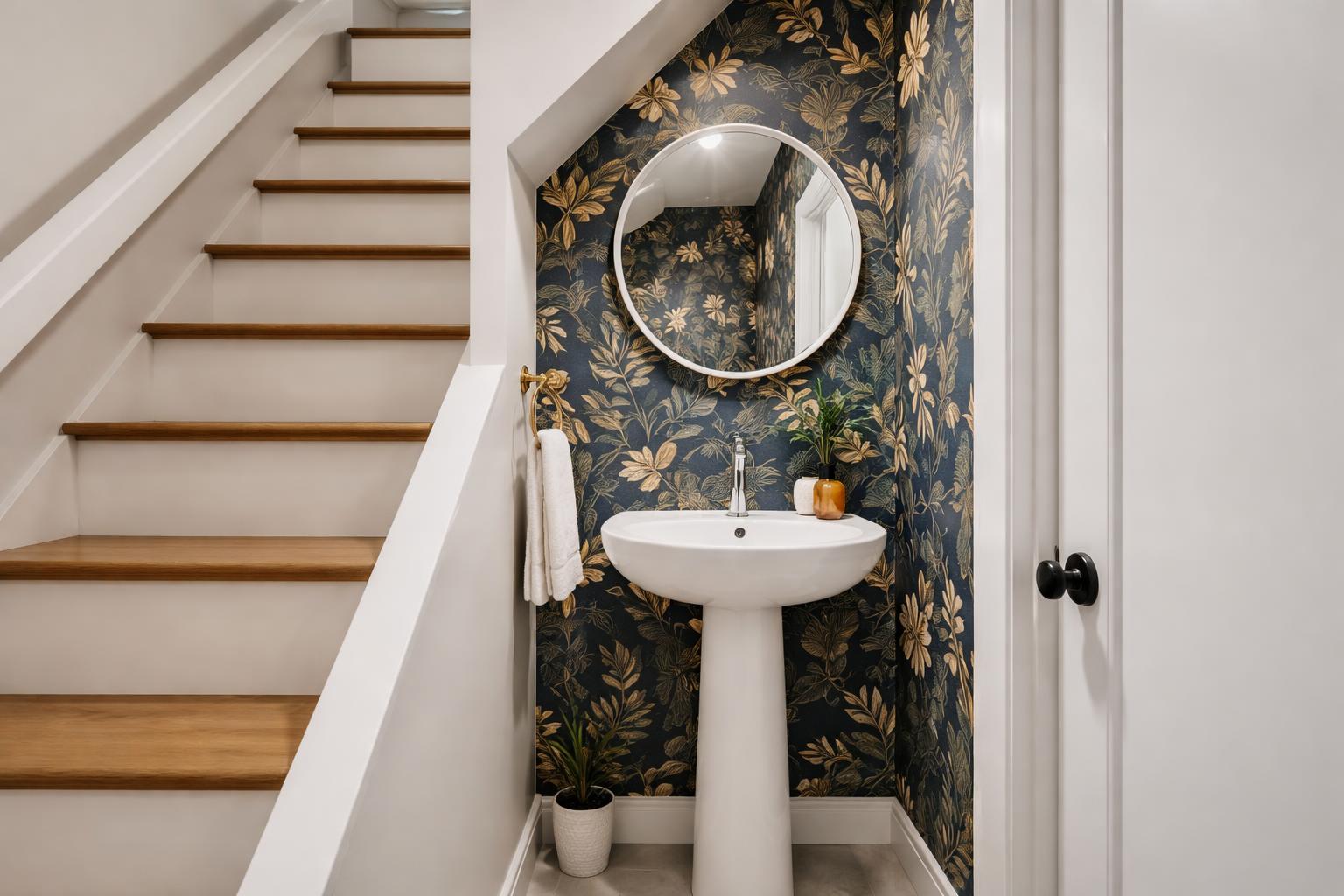 A small powder room under a staircase with patterned wallpaper, a white pedestal sink, and a round mirror.