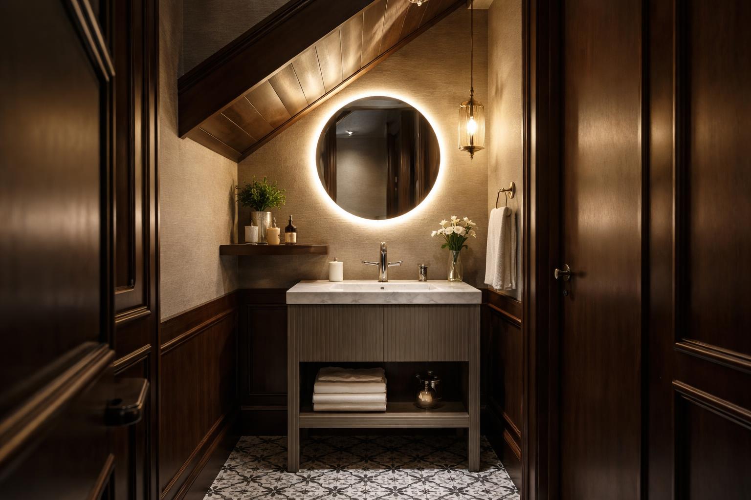 A small powder room under a staircase with a sink, mirror, decorative shelf, and patterned floor tiles.
